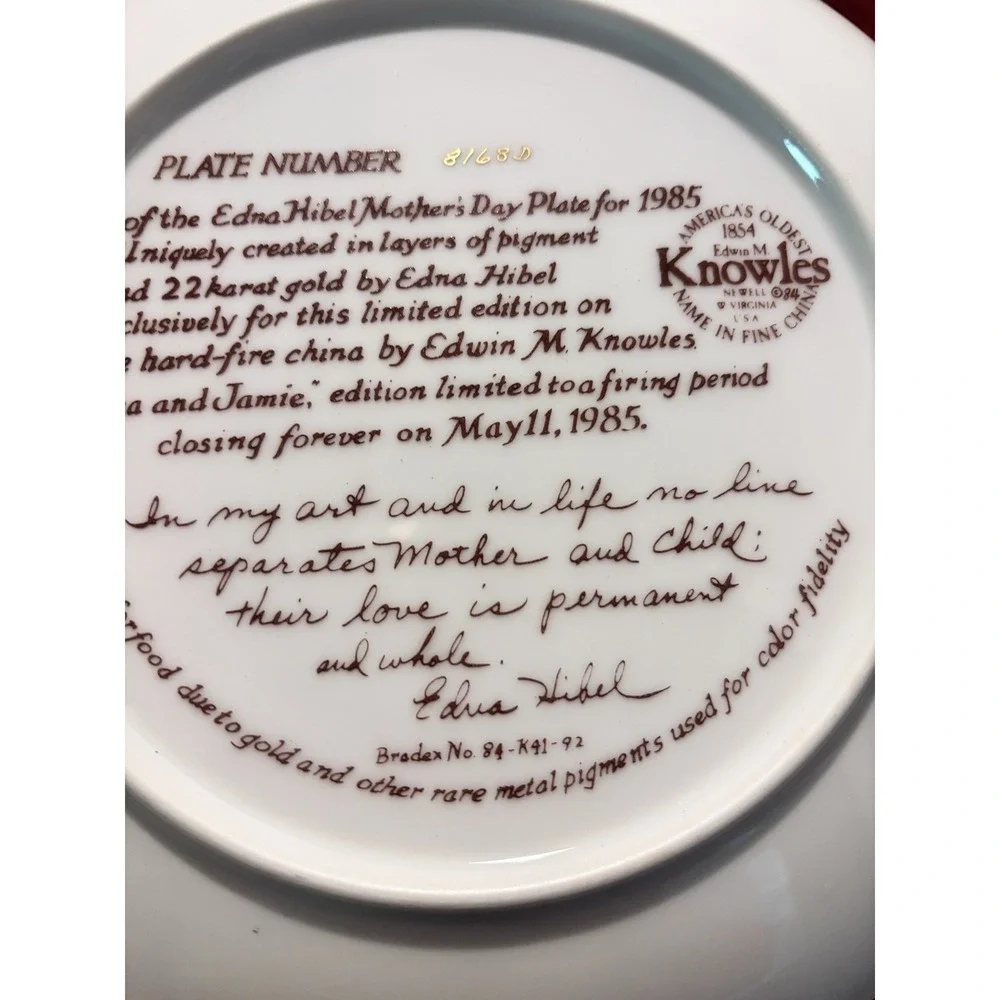 Edna Hibel Mothers Day Plates 1985 Erica & Jamie 8.5 Inch Cert of Authenticity